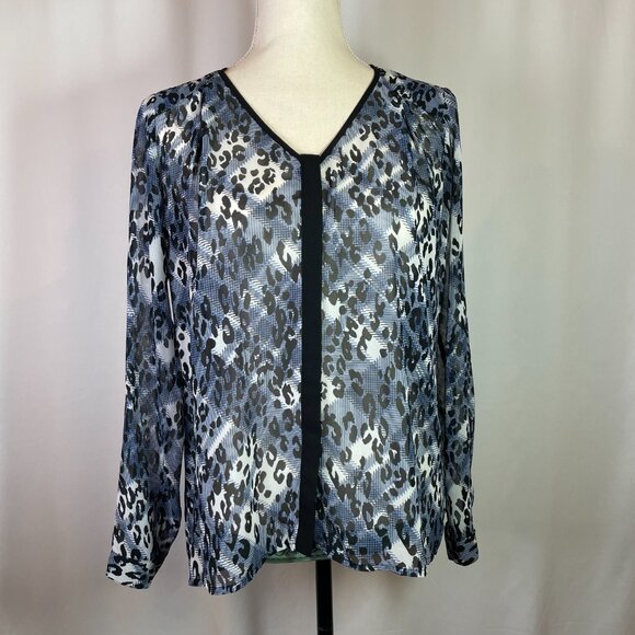 CAbi Tops - CAbi Size XS Fatale Blouse Style 977 Blue Black Leopard Print Long Sleeves